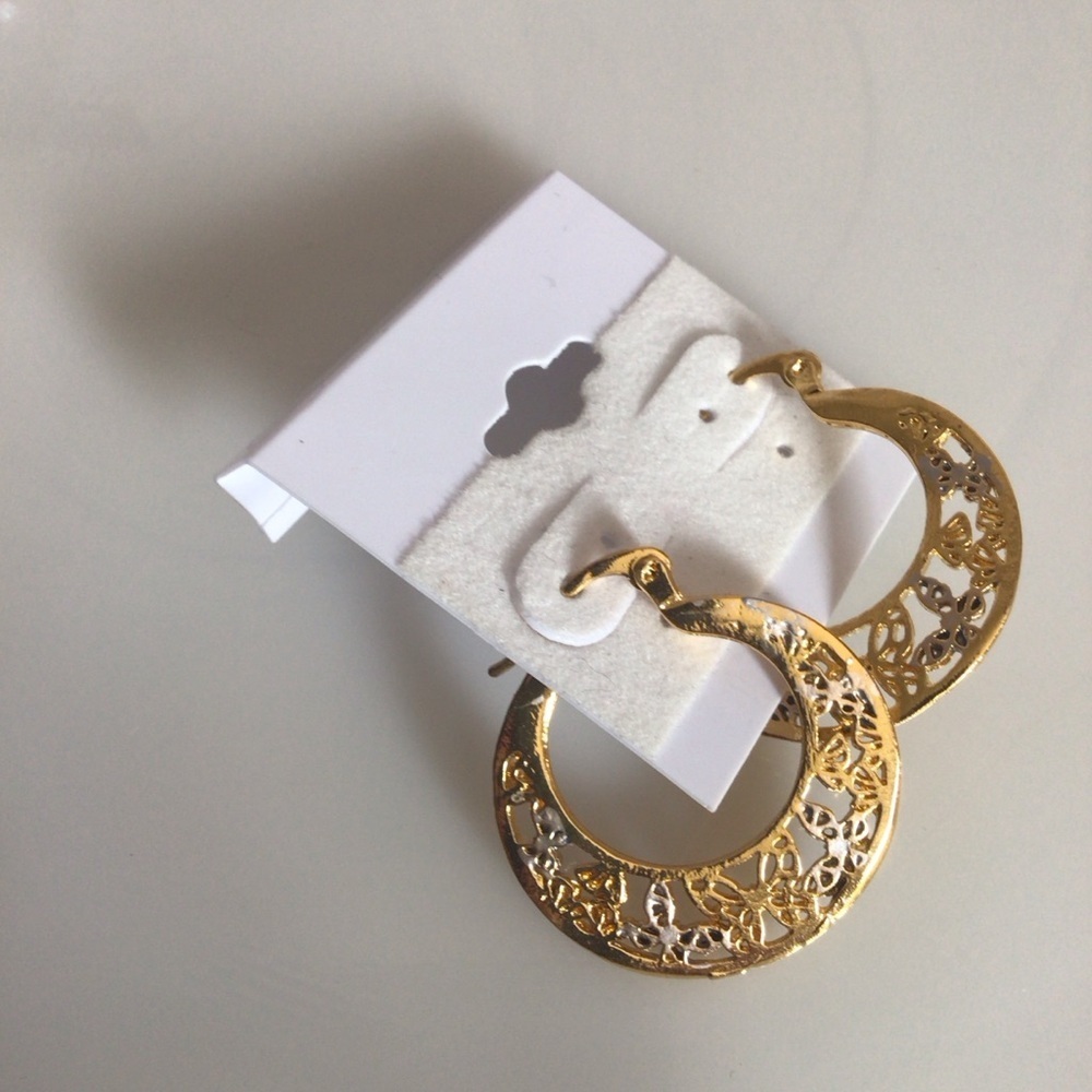 Gold and Silver Butterfly Hoop Earrings with Intricate Detailing